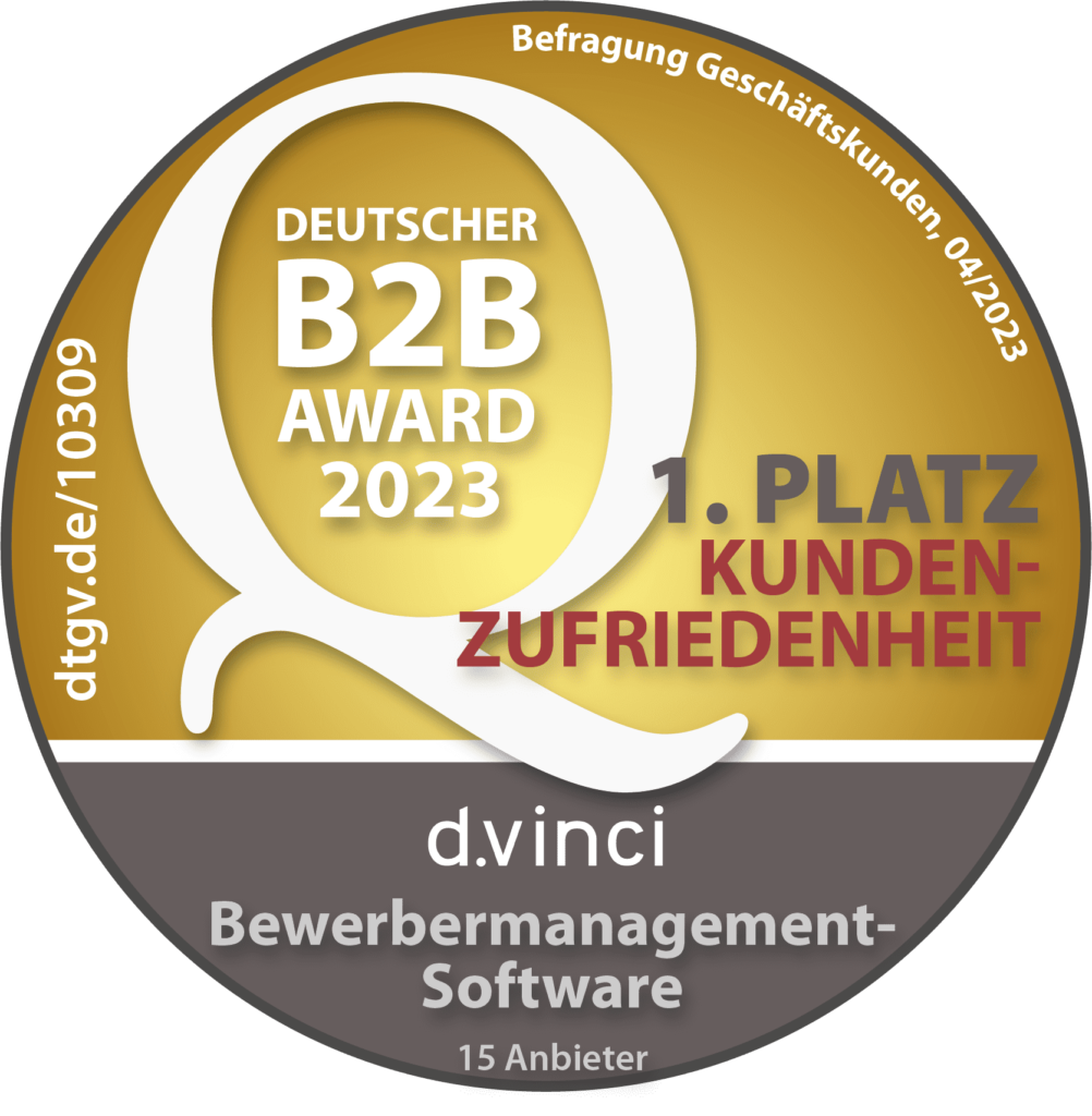 Deutscher B2B Award 2023 erster Platz Kundenzufriedenheit Bewerbermanagementsoftware d.vinci