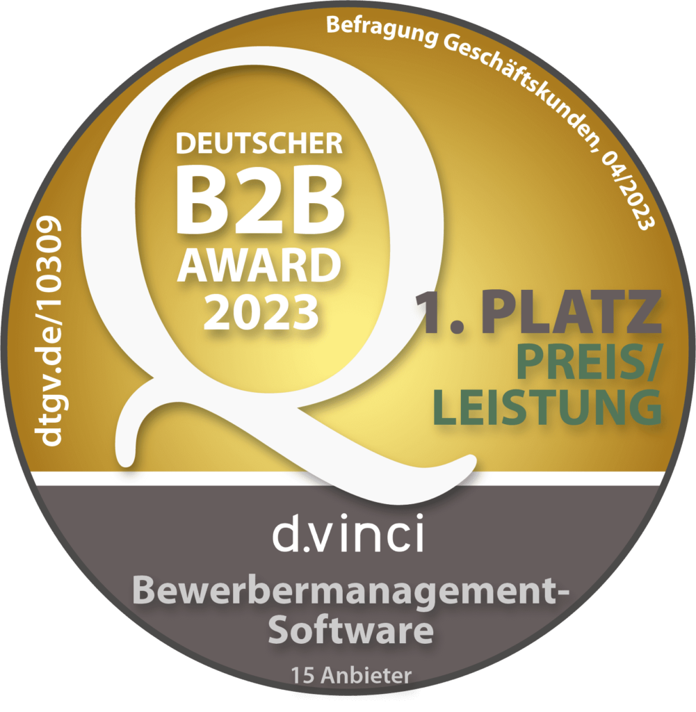 Deutscher B2B Award 2023 erster Platz Preis Leistung Bewerbermanagementsoftware d.vinci