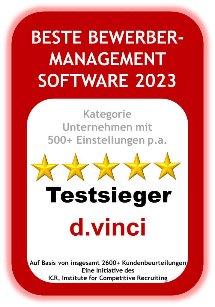 Beste Bewerbermanagementsoftware 2023 Testsieger d.vinci Kategorie Unternehmen mit 500+ Einstellungen p.a.